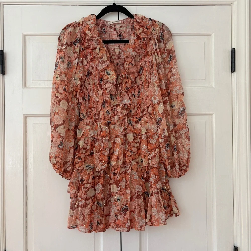 Ulla‎ Johnson Tamara Dress Silk Mini Metallic Floral Print Coral Size 2 Tiered